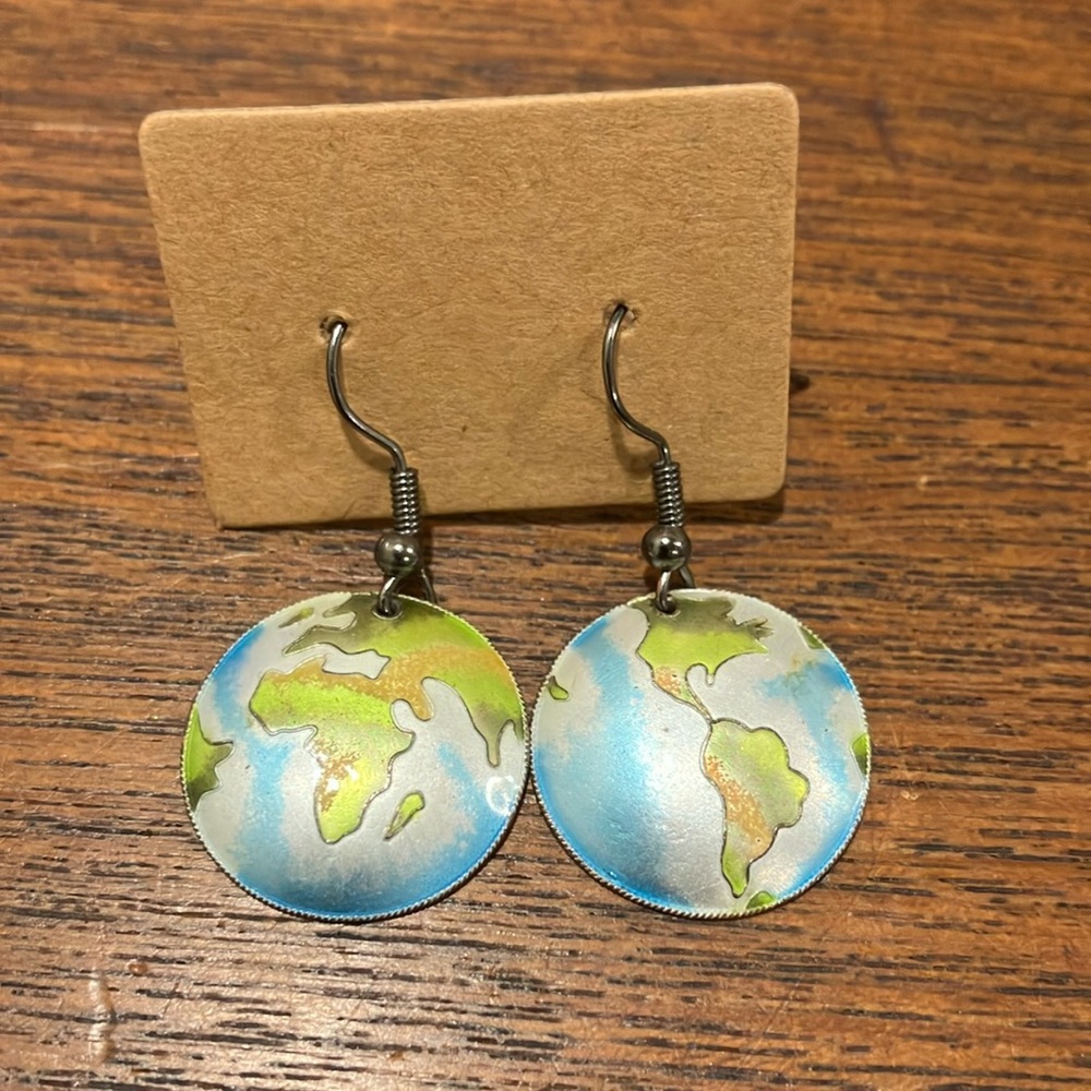 Sterling Silver 925 World Globe Enamel‎ Earrings